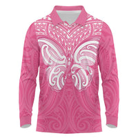 New Zealand Breast Cancer Awareness Long Sleeve Polo Shirt Maori Butterfly Pink Ribbon LT14 Pink - Polynesian Pride