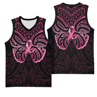 New Zealand Breast Cancer Awareness Basketball Jersey Maori Butterfly Pink Ribbon Black Version LT14 - Polynesian Pride