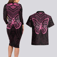 New Zealand Breast Cancer Awareness Couples Matching Long Sleeve Bodycon Dress and Hawaiian Shirt Maori Butterfly Pink Ribbon Black Version LT14 - Polynesian Pride