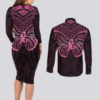 New Zealand Breast Cancer Awareness Couples Matching Long Sleeve Bodycon Dress and Long Sleeve Button Shirt Maori Butterfly Pink Ribbon Black Version LT14 - Polynesian Pride