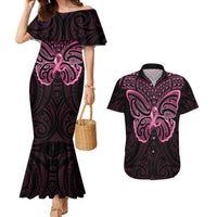 New Zealand Breast Cancer Awareness Couples Matching Mermaid Dress and Hawaiian Shirt Maori Butterfly Pink Ribbon Black Version LT14 Black - Polynesian Pride