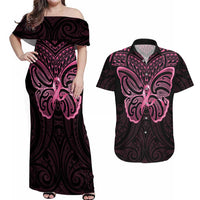 New Zealand Breast Cancer Awareness Couples Matching Off Shoulder Maxi Dress and Hawaiian Shirt Maori Butterfly Pink Ribbon Black Version LT14 Black - Polynesian Pride