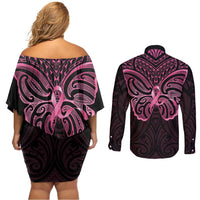 New Zealand Breast Cancer Awareness Couples Matching Off Shoulder Short Dress and Long Sleeve Button Shirt Maori Butterfly Pink Ribbon Black Version LT14 - Polynesian Pride
