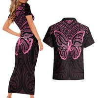 New Zealand Breast Cancer Awareness Couples Matching Short Sleeve Bodycon Dress and Hawaiian Shirt Maori Butterfly Pink Ribbon Black Version LT14 - Polynesian Pride