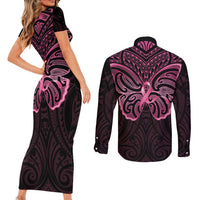 New Zealand Breast Cancer Awareness Couples Matching Short Sleeve Bodycon Dress and Long Sleeve Button Shirt Maori Butterfly Pink Ribbon Black Version LT14 - Polynesian Pride