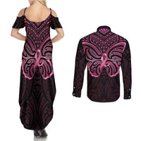 New Zealand Breast Cancer Awareness Couples Matching Summer Maxi Dress and Long Sleeve Button Shirt Maori Butterfly Pink Ribbon Black Version LT14 - Polynesian Pride