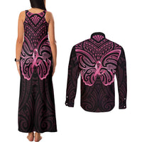 New Zealand Breast Cancer Awareness Couples Matching Tank Maxi Dress and Long Sleeve Button Shirt Maori Butterfly Pink Ribbon Black Version LT14 - Polynesian Pride