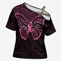 New Zealand Breast Cancer Awareness Cross Shoulder Shirt Maori Butterfly Pink Ribbon Black Version LT14 Female Black - Polynesian Pride