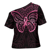 New Zealand Breast Cancer Awareness Cross Shoulder Shirt Maori Butterfly Pink Ribbon Black Version LT14 - Polynesian Pride