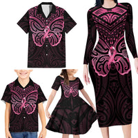 New Zealand Breast Cancer Awareness Family Matching Long Sleeve Bodycon Dress and Hawaiian Shirt Maori Butterfly Pink Ribbon Black Version LT14 - Polynesian Pride