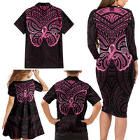 New Zealand Breast Cancer Awareness Family Matching Long Sleeve Bodycon Dress and Hawaiian Shirt Maori Butterfly Pink Ribbon Black Version LT14 - Polynesian Pride