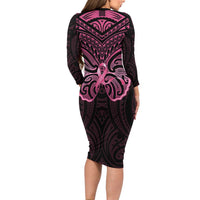 New Zealand Breast Cancer Awareness Family Matching Long Sleeve Bodycon Dress and Hawaiian Shirt Maori Butterfly Pink Ribbon Black Version LT14 - Polynesian Pride