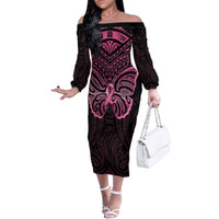 New Zealand Breast Cancer Awareness Family Matching Off The Shoulder Long Sleeve Dress and Hawaiian Shirt Maori Butterfly Pink Ribbon Black Version LT14 Mom's Dress Black - Polynesian Pride