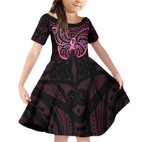 New Zealand Breast Cancer Awareness Family Matching Off Shoulder Short Dress and Hawaiian Shirt Maori Butterfly Pink Ribbon Black Version LT14 Daughter's Dress Black - Polynesian Pride