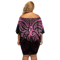 New Zealand Breast Cancer Awareness Family Matching Off Shoulder Short Dress and Hawaiian Shirt Maori Butterfly Pink Ribbon Black Version LT14 - Polynesian Pride