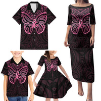 New Zealand Breast Cancer Awareness Family Matching Puletasi and Hawaiian Shirt Maori Butterfly Pink Ribbon Black Version LT14 - Polynesian Pride