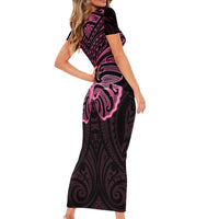 New Zealand Breast Cancer Awareness Family Matching Short Sleeve Bodycon Dress and Hawaiian Shirt Maori Butterfly Pink Ribbon Black Version LT14 - Polynesian Pride