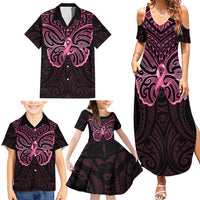 New Zealand Breast Cancer Awareness Family Matching Summer Maxi Dress and Hawaiian Shirt Maori Butterfly Pink Ribbon Black Version LT14 - Polynesian Pride