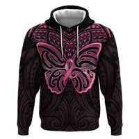 New Zealand Breast Cancer Awareness Hoodie Maori Butterfly Pink Ribbon Black Version LT14 Pullover Hoodie Black - Polynesian Pride