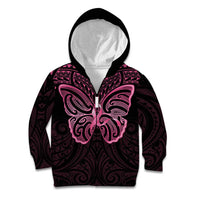 New Zealand Breast Cancer Awareness Kid Hoodie Maori Butterfly Pink Ribbon Black Version LT14 Zip Hoodie Black - Polynesian Pride