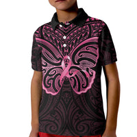 New Zealand Breast Cancer Awareness Kid Polo Shirt Maori Butterfly Pink Ribbon Black Version LT14 Kid Black - Polynesian Pride