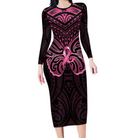 New Zealand Breast Cancer Awareness Long Sleeve Bodycon Dress Maori Butterfly Pink Ribbon Black Version LT14 Long Dress Black - Polynesian Pride
