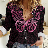 New Zealand Breast Cancer Awareness Women Casual Shirt Maori Butterfly Pink Ribbon Black Version LT14 Female Black - Polynesian Pride