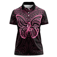 New Zealand Breast Cancer Awareness Women Polo Shirt Maori Butterfly Pink Ribbon Black Version LT14 Female Black - Polynesian Pride
