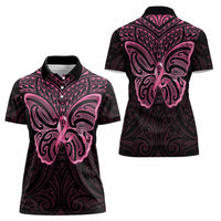 New Zealand Breast Cancer Awareness Women Polo Shirt Maori Butterfly Pink Ribbon Black Version LT14 - Polynesian Pride
