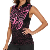 New Zealand Breast Cancer Awareness Women Sleeveless Polo Shirt Maori Butterfly Pink Ribbon Black Version LT14 - Polynesian Pride