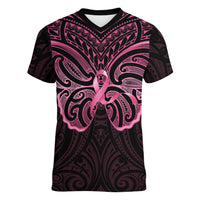 New Zealand Breast Cancer Awareness Women V-Neck T-Shirt Maori Butterfly Pink Ribbon Black Version LT14 Female Black - Polynesian Pride