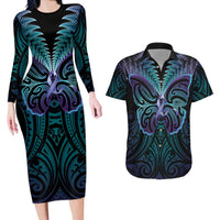 Suicide Prevention New Zealand Couples Matching Long Sleeve Bodycon Dress and Hawaiian Shirt Aotearoa Maori Butterfly Mix Silver Fern LT14 Black - Polynesian Pride