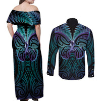 Suicide Prevention New Zealand Couples Matching Off Shoulder Maxi Dress and Long Sleeve Button Shirt Aotearoa Maori Butterfly Mix Silver Fern LT14 - Polynesian Pride