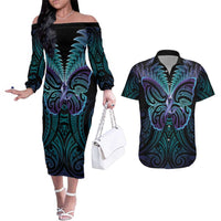Suicide Prevention New Zealand Couples Matching Off The Shoulder Long Sleeve Dress and Hawaiian Shirt Aotearoa Maori Butterfly Mix Silver Fern LT14 Black - Polynesian Pride