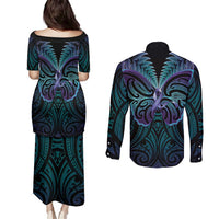 Suicide Prevention New Zealand Couples Matching Puletasi and Long Sleeve Button Shirt Aotearoa Maori Butterfly Mix Silver Fern - Polynesian Pride
