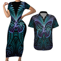 Suicide Prevention New Zealand Couples Matching Short Sleeve Bodycon Dress and Hawaiian Shirt Aotearoa Maori Butterfly Mix Silver Fern LT14 Black - Polynesian Pride