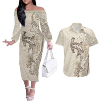 Beige Hawaii Couples Matching Off The Shoulder Long Sleeve Dress and Hawaiian Shirt Hammerhead Shark Tattoo Curve Polynesian - Polynesian Pride