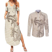 Beige Hawaii Couples Matching Summer Maxi Dress and Long Sleeve Button Shirt Hammerhead Shark Tattoo Curve Polynesian LT14 Beige - Polynesian Pride