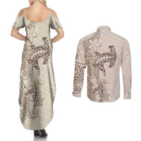 Beige Hawaii Couples Matching Summer Maxi Dress and Long Sleeve Button Shirt Hammerhead Shark Tattoo Curve Polynesian LT14 - Polynesian Pride
