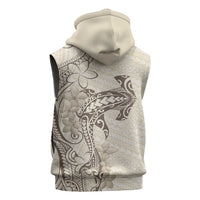 Beige Hawaii Sleeveless Hoodie Hammerhead Shark Tattoo Curve Polynesian - Polynesian Pride
