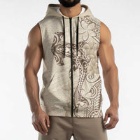 Beige Hawaii Sleeveless Zip Hoodie Hammerhead Shark Tattoo Curve Polynesian LT14