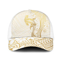 Gold and White Hawaii Baseball Net Cap Hammerhead Shark Tattoo Curve Polynesian - Polynesian Pride