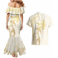 Gold and White Hawaii Couples Matching Mermaid Dress and Hawaiian Shirt Hammerhead Shark Tattoo Curve Polynesian - Polynesian Pride