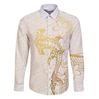 Gold and White Hawaii Family Matching Off The Shoulder Long Sleeve Dress and Hawaiian Shirt Hammerhead Shark Tattoo Curve Polynesian LT14 Dad's Shirt - Long Sleeve White - Polynesian Pride