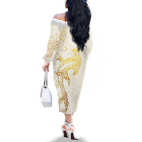 Gold and White Hawaii Family Matching Off The Shoulder Long Sleeve Dress and Hawaiian Shirt Hammerhead Shark Tattoo Curve Polynesian LT14 - Polynesian Pride