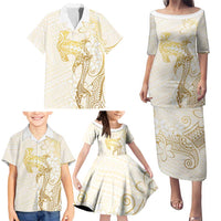 Gold and White Hawaii Family Matching Puletasi and Hawaiian Shirt Hammerhead Shark Tattoo Curve Polynesian LT14 - Polynesian Pride