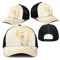 Gold and White Hawaii Mesh Trucker Cap Hammerhead Shark Tattoo Curve Polynesian - Polynesian Pride
