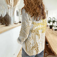Gold and White Hawaii Women Casual Shirt Hammerhead Shark Tattoo Curve Polynesian - Polynesian Pride