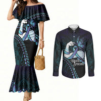 Personalised Polynesia Suicide Prevention Month Couples Matching Mermaid Dress and Long Sleeve Button Shirt Brave Strong Butterfly Teal Purple Ribbon LT14 Purple - Polynesian Pride