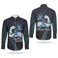 Personalised Polynesia Suicide Prevention Month Couples Matching Off Shoulder Short Dress and Long Sleeve Button Shirt Brave Strong Butterfly Teal Purple Ribbon